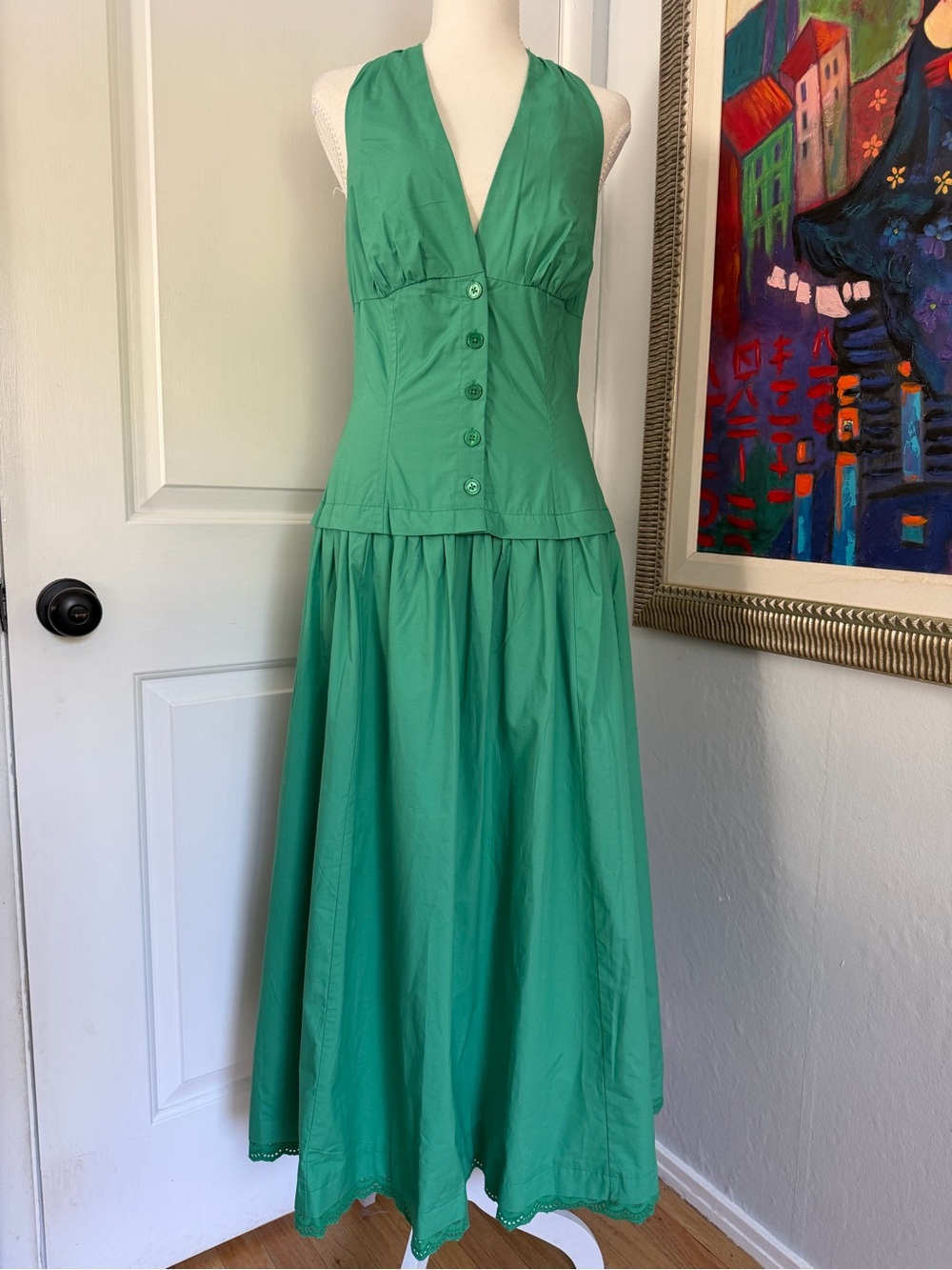 NWT Anthropologie Mauve Sleeveless Green V-Neck Button Front Maxi Dress Small